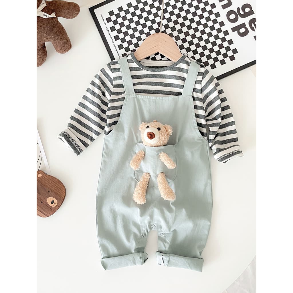 Macacão de bebê para meninos meninas macacão de bebê falso de duas peças urso macacão listrado versão coreana primavera