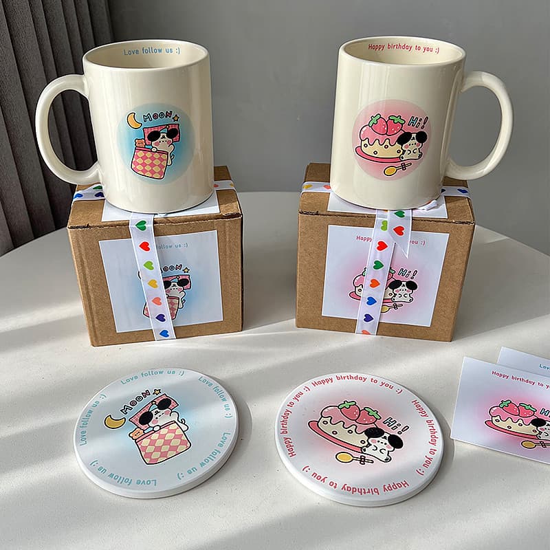 Design Original caixa de presente genuína feliz aniversário filhote de cachorro morango bolo copo casal caneca cerâmica
