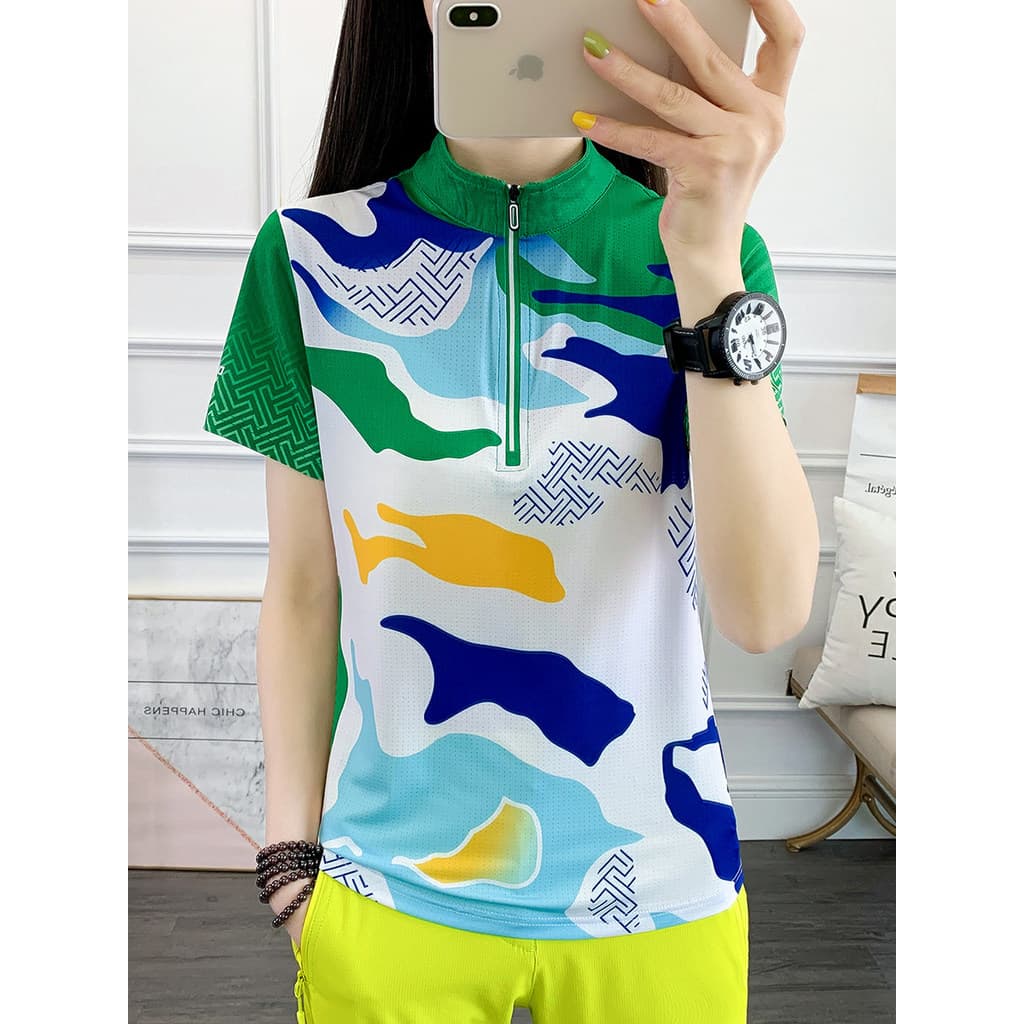 Camuflagem ao ar livre gola alta de seda gelo estiramento leve roupas de secagem rápida feminina camiseta de manga curta