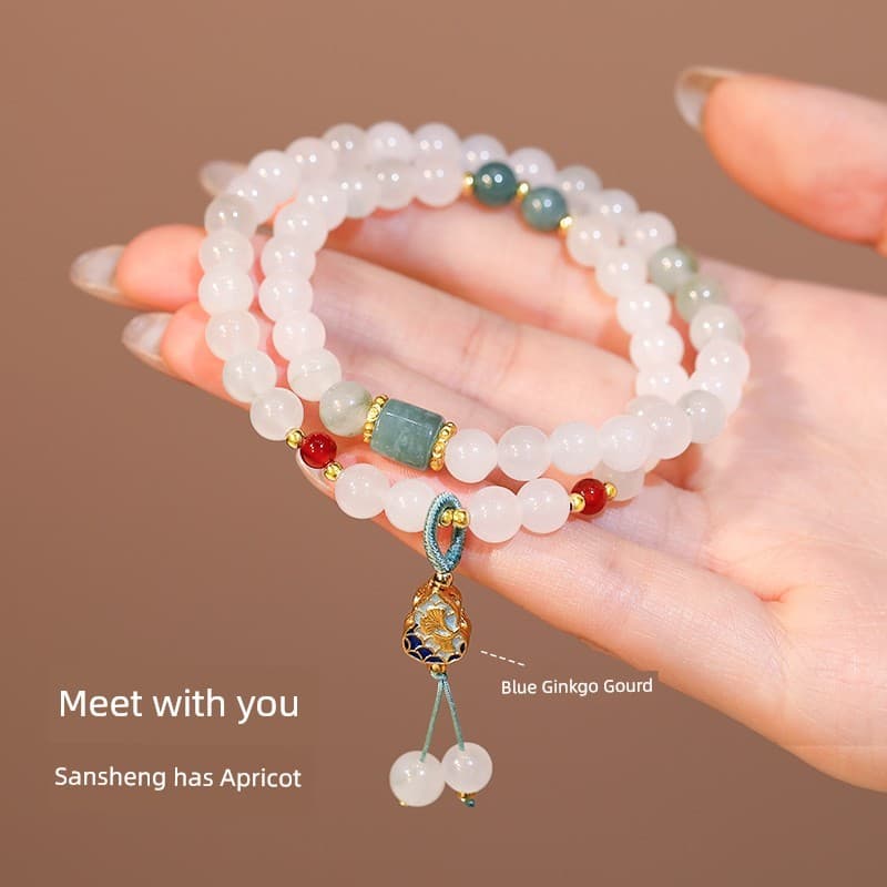 pulseira pulseira feminina Dupla camada empilhamento Tianshan jade branco jade pulseira feminina Ginkgo cabaça pingente