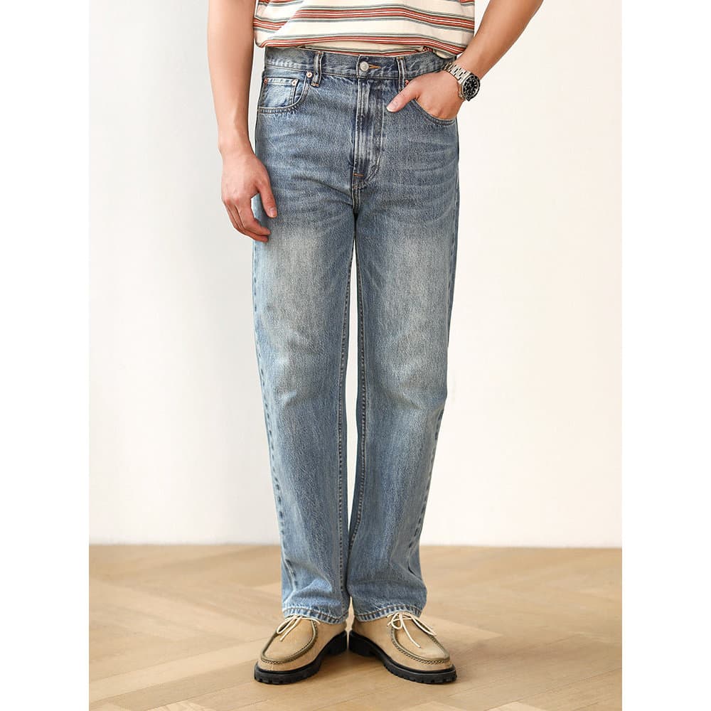 Retro estilo Hong Kong High-End lavado orelha vermelha Denim calças retas MBBCAR estreito Design Original angustiado Jea