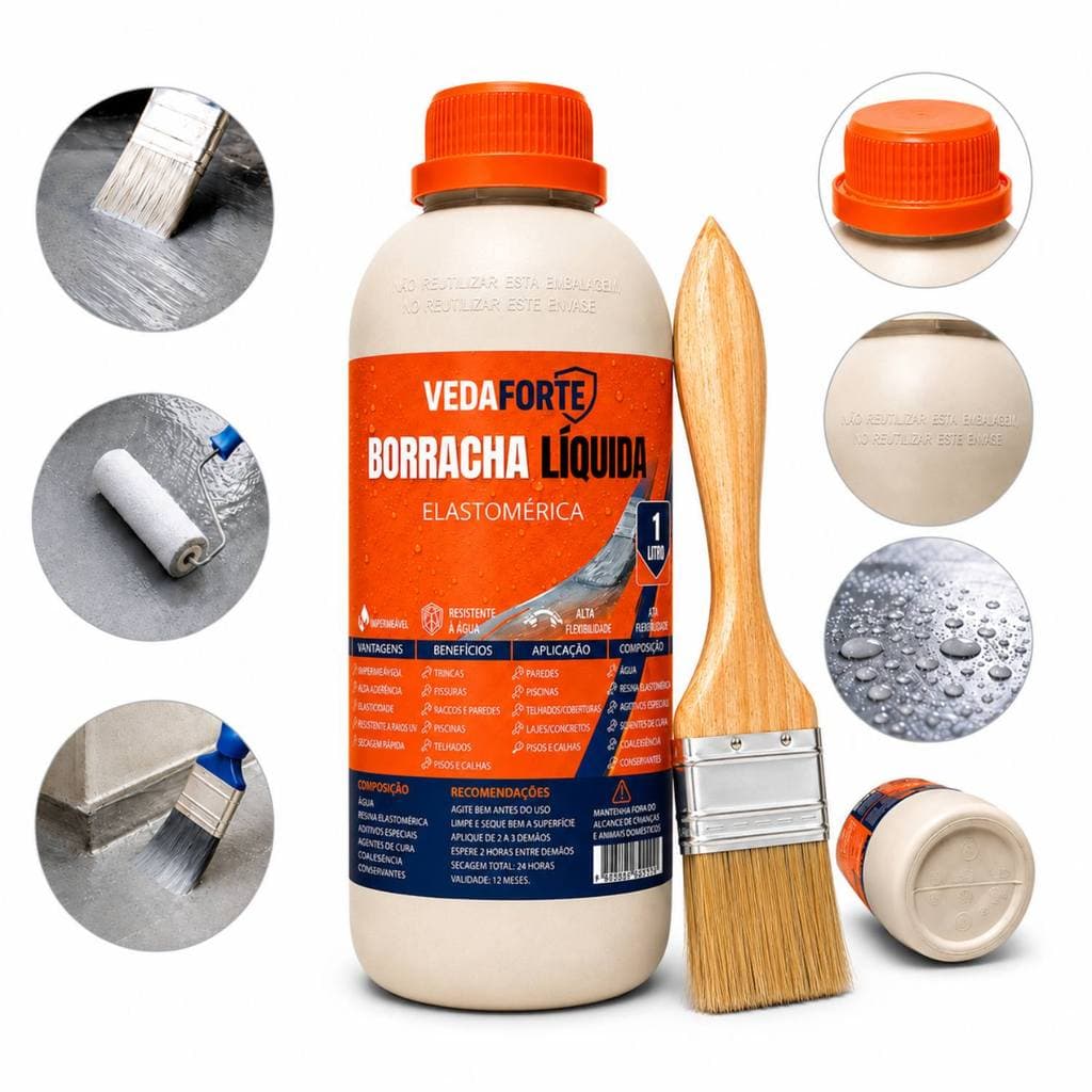 Kit Borracha Líquida Impermeabilizante Veda Forte com Pincel 1 Litro