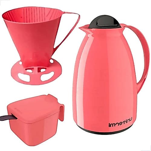 Kit Prático Para Café Garrafa Térmica + Açucareiro + Suporte Filtro Cor Rosa