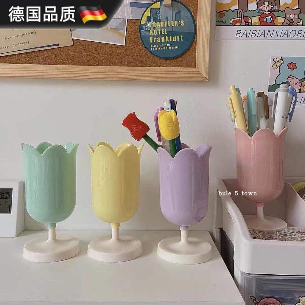 Tulipa caneta titular ins mesmo estilo menina coração caneta titular pincel de maquiagem sobrancelha lápis balde de arma
