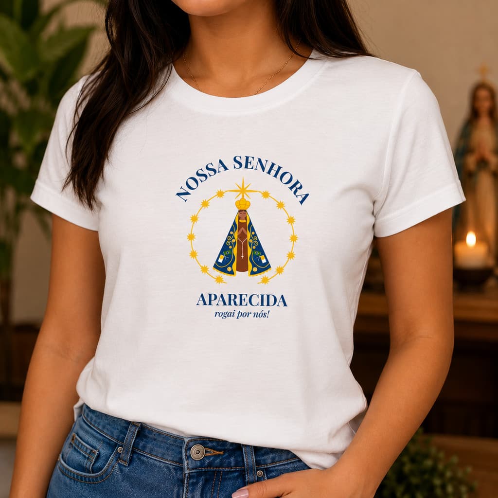 Camiseta Feminina Nossa Senhora 100% Algodão Blusa Católica Cristã Confortável Estilosa Larguinha
