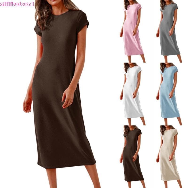 allilivefoua1 Vestido Feminino Curta Redonda, Básico, Sólido, Casual, Longo,