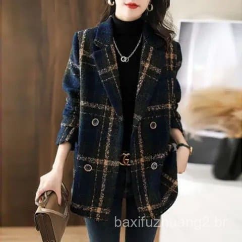 Jaqueta de lã xadrez retrô estilo coreano para mulheres plus size, moda outono inverno, visual mais esguio, blusa xadrez