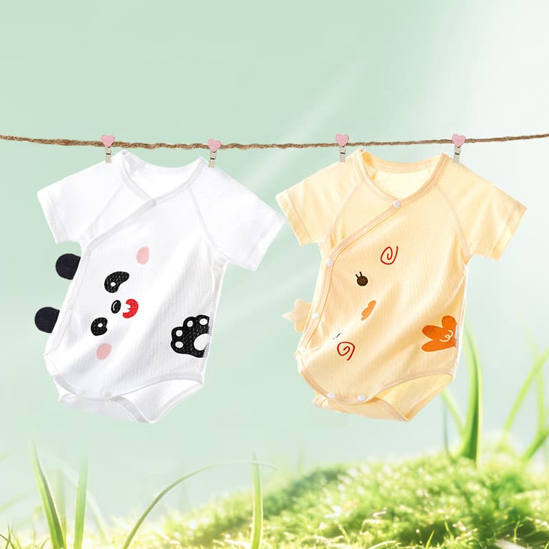 Bebê macacão dupla camada proteção da barriga verão fino manga curta macacão roupas de malha do bebê macacão