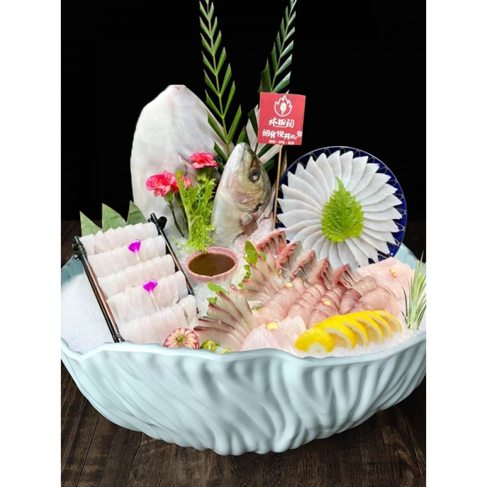 Prato de Sashimi de melamina, prato de gelo seco de salmão, concepção artística, prato de frutos do mar, Buffet, d