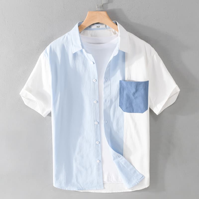 Design de verão Casual costura masculina camisa de manga curta solta puro algodão juventude verão na moda camisa masculi