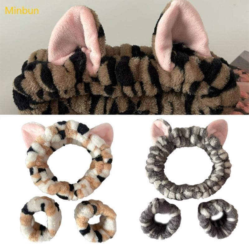 Minbun Elástico Feminino Chuveiro Hairband Pulseira Bonito Gatinho Pelúcia Pulso