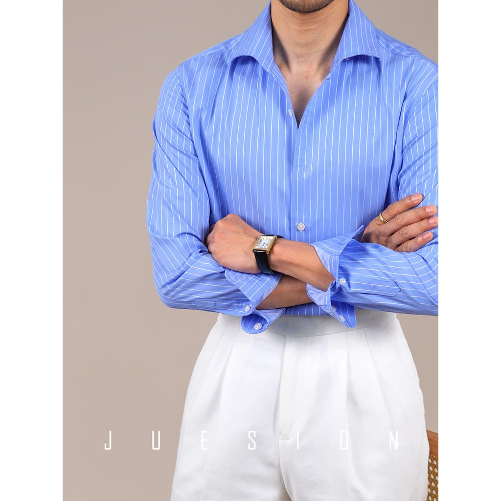 Jucean estilo italiano gola de uma peça camisa listrada masculina de manga comprida respirável sem ferro negócios de alt