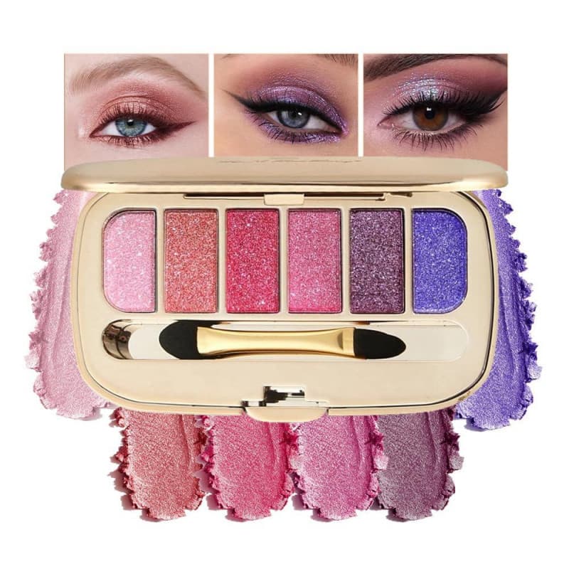 Paleta de Sombras para Olhos com Glitter em 6 Cores Rosa e Roxo, Sombra Brilhante com Efeito Diamante e Pincel de Duas P