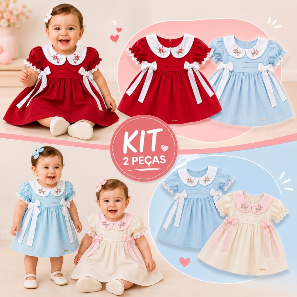 Kit 2 Vestido Infantil Gola Bordada Vestido de Bebê Menina Delicado com Laços Laterais