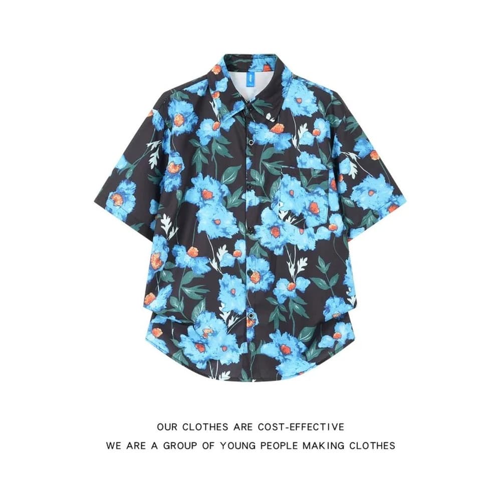 Verão americano Retro Street Wear havaí Seaside Casual solto impressão completa fina camisa de manga curta topo masculin