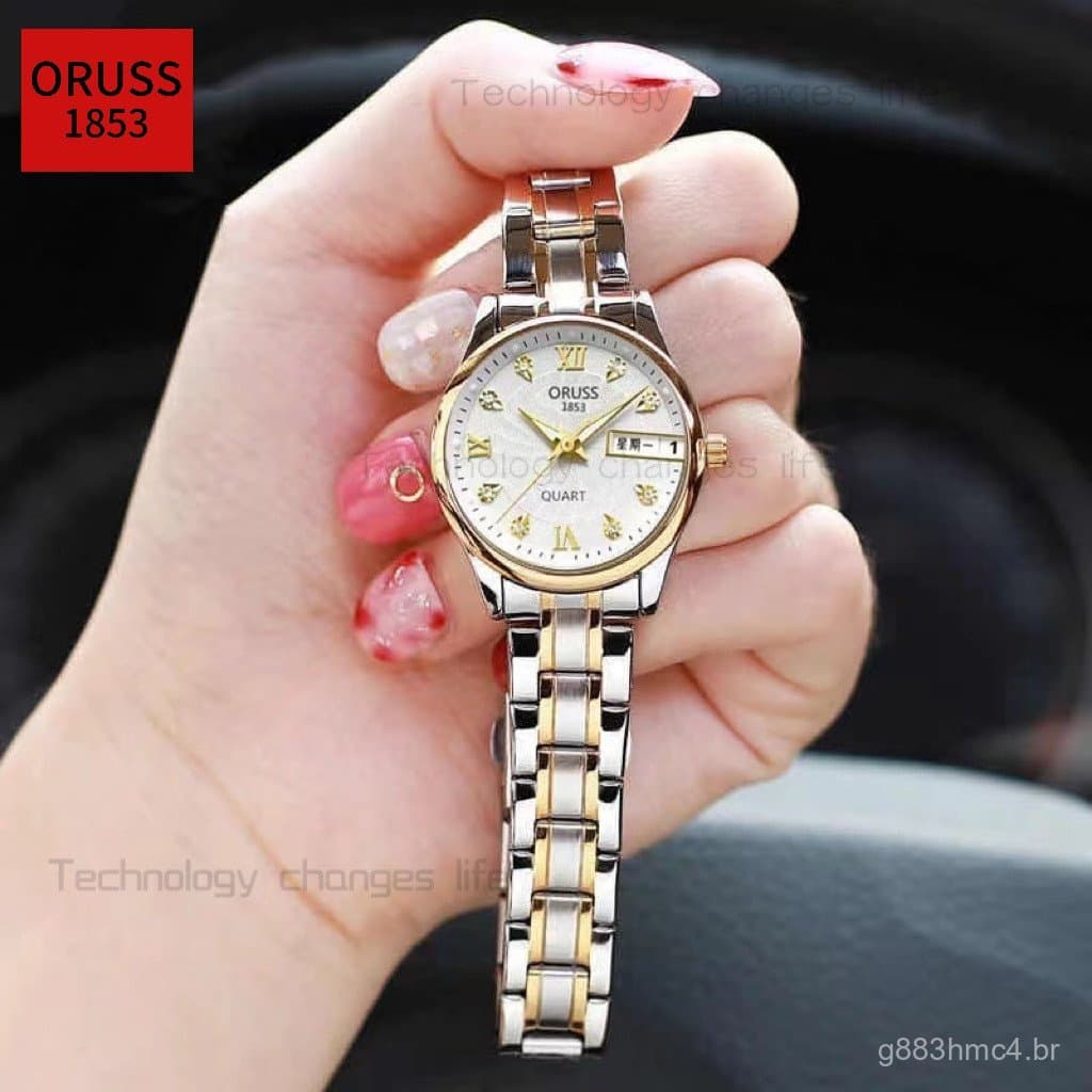 Relógio de Pulso ORUSS Original para Mulheres/Homens com Duplo Calendário, Aço Inoxidável Dourado/Prateado, à Prova d'Ág