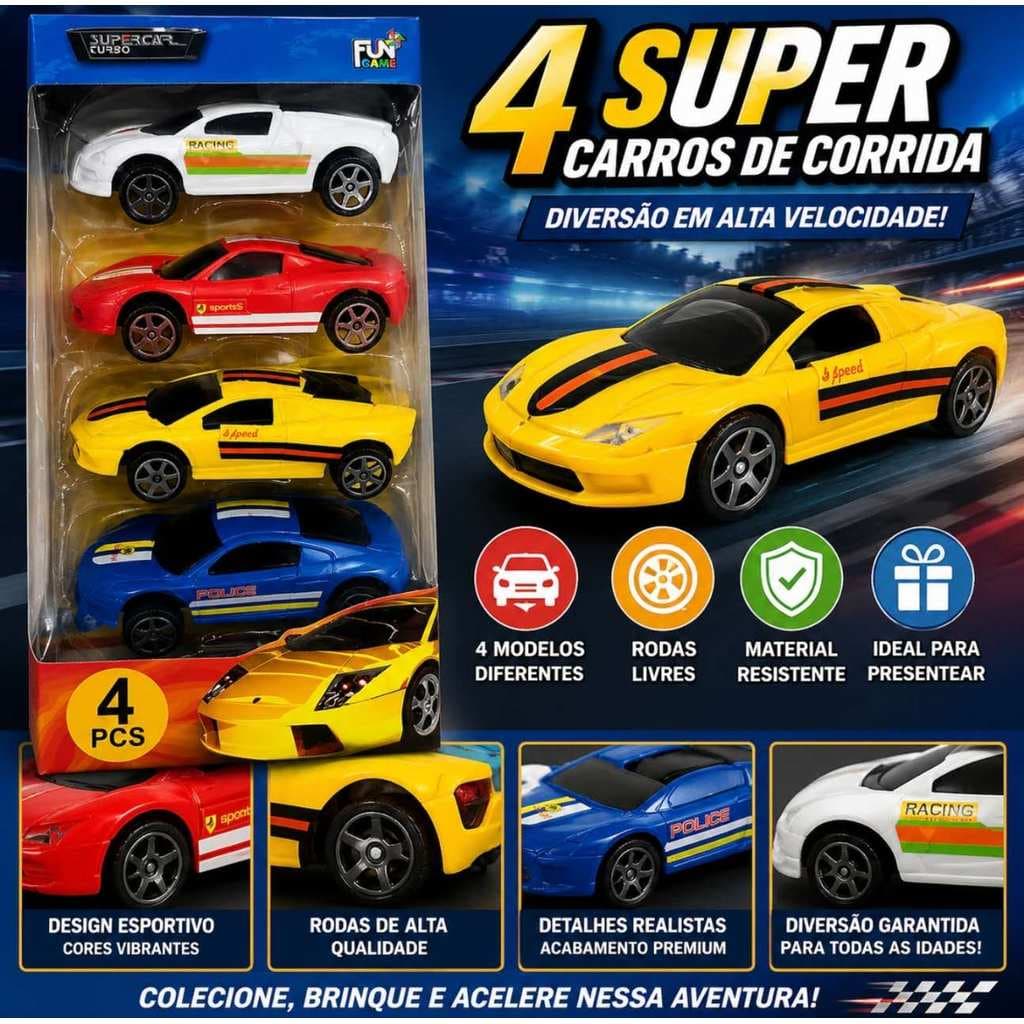 Kit 4 Carrinhos Esportivos de Corrida Infantil Cores Sortidas Brinquedo