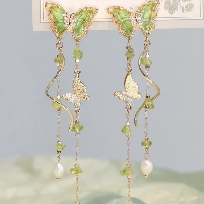Verde 2 Pieces Crystal Butterfly Earrings Light Luxury Long Tassel Jewelry for Women Moda Dreamy Birthday Gift