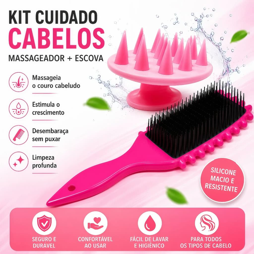 Kit Escova de Cabelo Desembaraçante com Escova Massageadora de Silicone Massageador para Couro Cabeludo