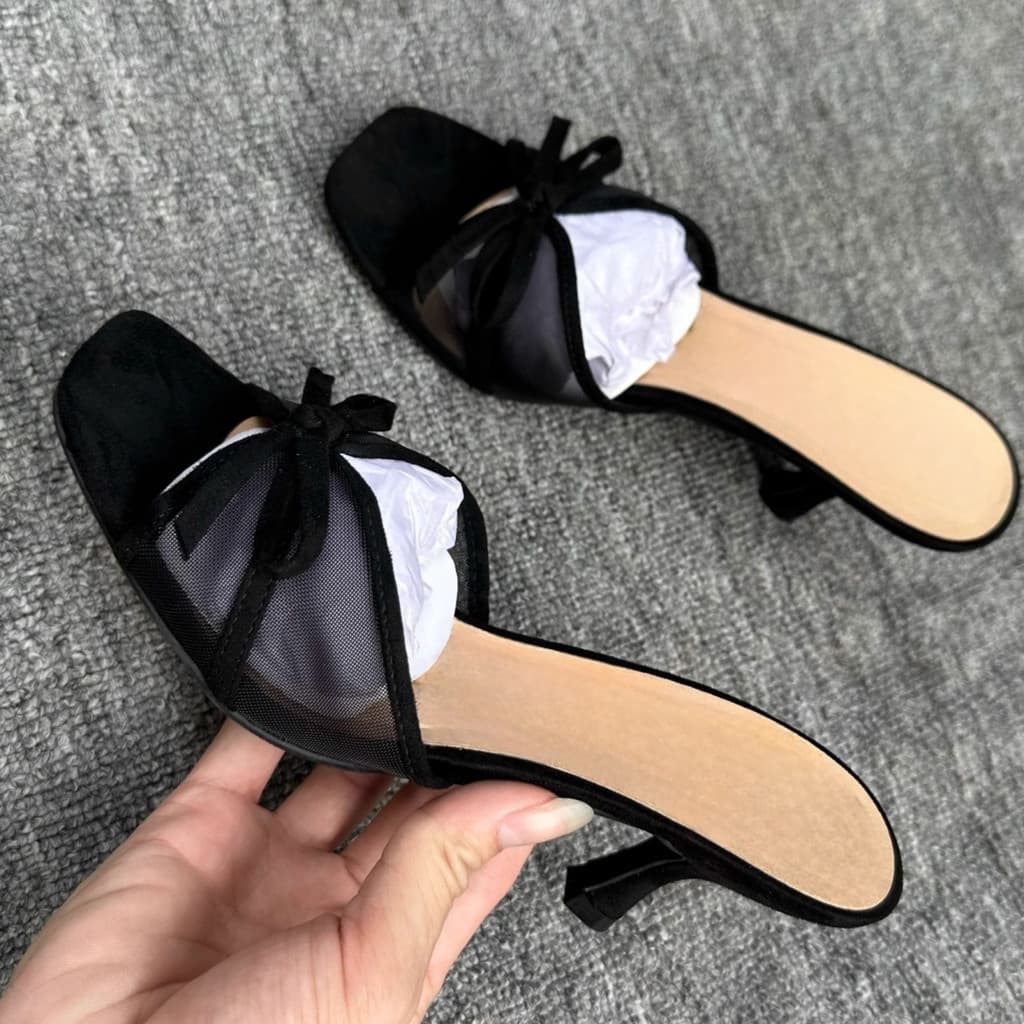 Novos Sapatos Femininos 2025, Sandálias de Salto Alto Pretas com Laço, Abertas na Frente, Salto Fino, Mules Slip-On