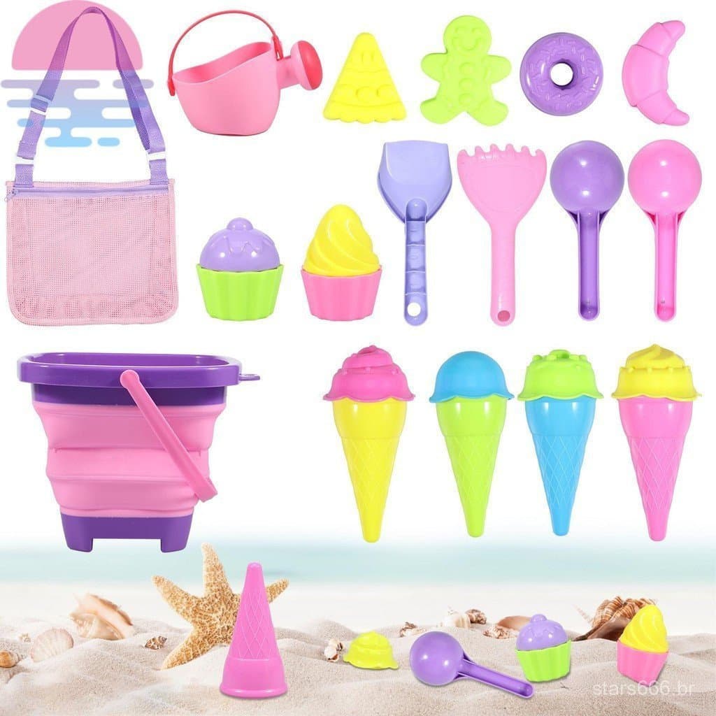 Conjunto de Brinquedos de Areia para Praia Infantil, Balde de Silicone Dobrável com Bolsa de Malha Portátil, Brinquedo C