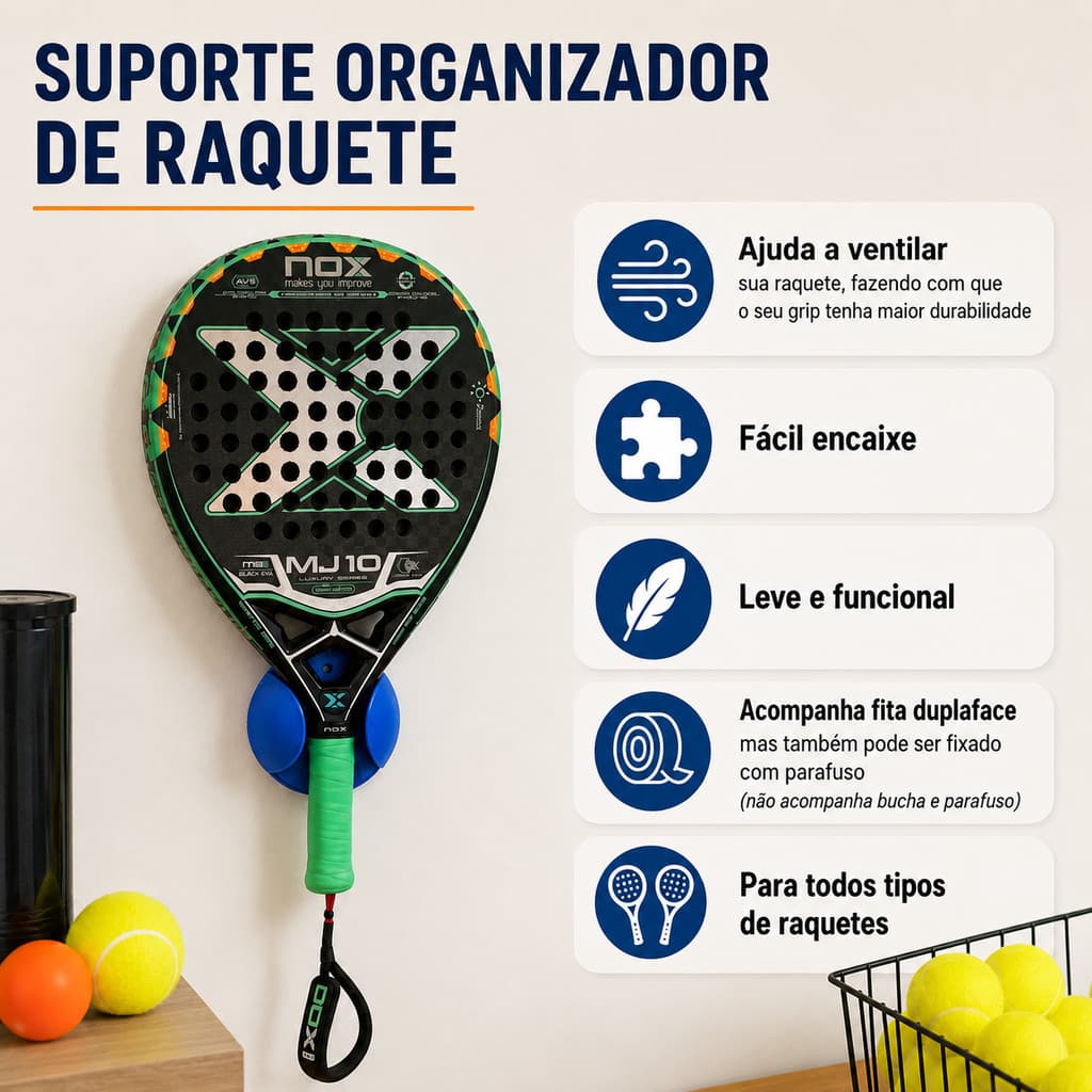 Suporte organizador para raquete padel, beach tennis, tennis - fita protetora raquete