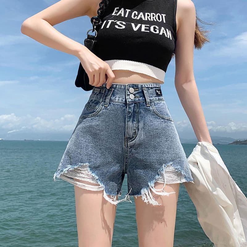 Calças jeans femininas de cintura alta, novo estilo de verão, shorts soltos, versão coreana, rasgados, modeladores, cort