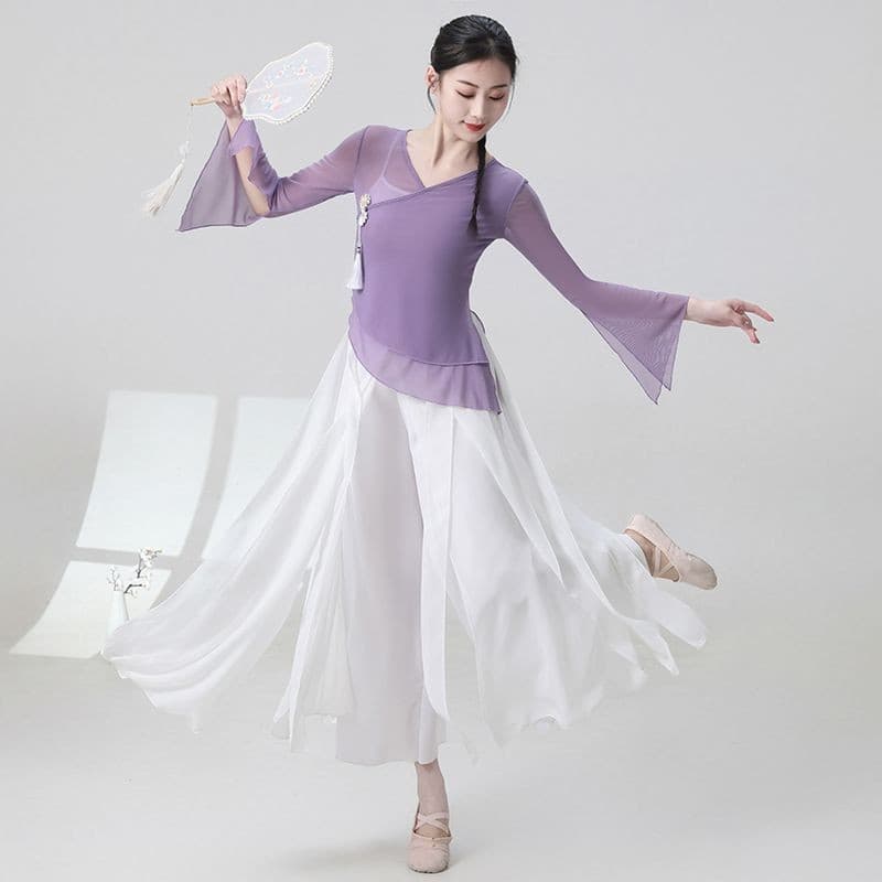 [WDF] Novo traje de dança clássica elegante terno de gaze, estilo chinês manga trompete terno de prática grande balanço