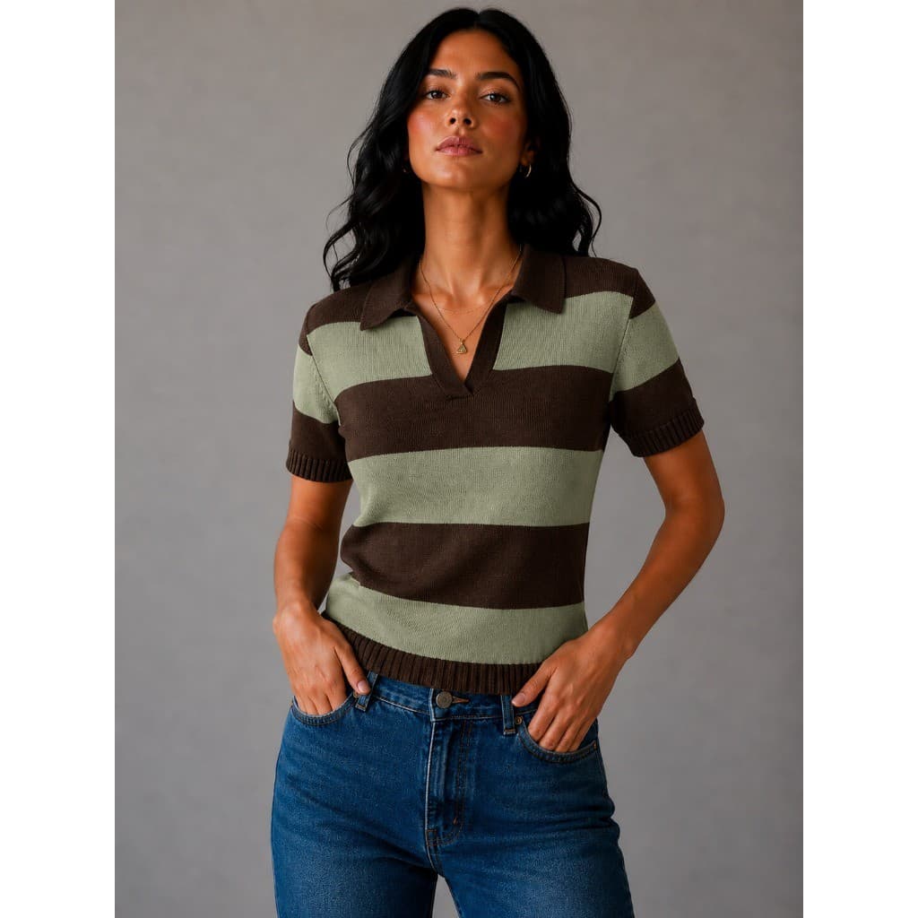 BLUSA FEMININA GOLA POLO LISTRADA TENDÊNCIA BLOGUEIRA ESTILOSA