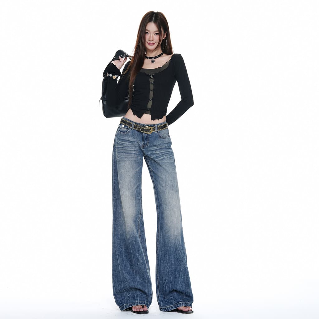 Novo americano Retro Tie-Wash artesanato cintura média mais magro olhar ligeiramente solto queimado Jeans feminino
