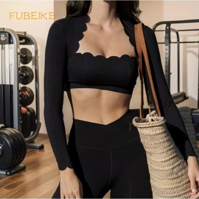 FUBEIKE Conjunto de Yoga Feminino de Manga Longa com Gola Quadrada, Ajustado, de Alta Elasticidade, Secagem Rápida, para