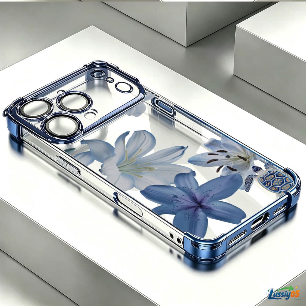 Capa Anti-Queda Galvanizada Para iPhone 17 Pro Max 16 15 13 12 14 Plus Ar Azul Lírio Floral Lussy05