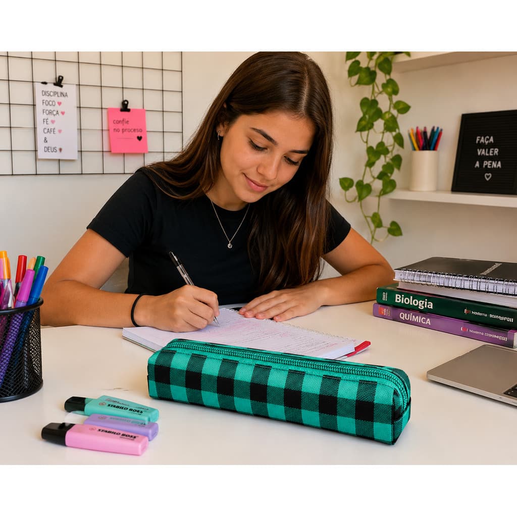 Estojo Escolar Xadrez Colorido Feminino Masculino Organizador de Lápis e Caneta Compacto D447