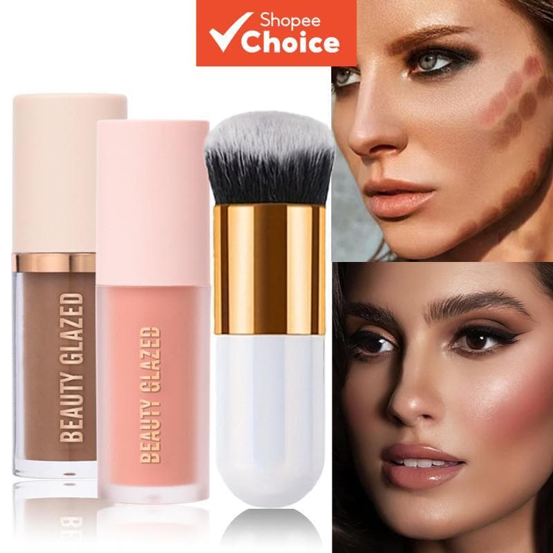 Kit 3 Bastões de Contorno, Bronzer e Blush com Pincel, para todos os tipos de pele, longa duração, acabamento suave,