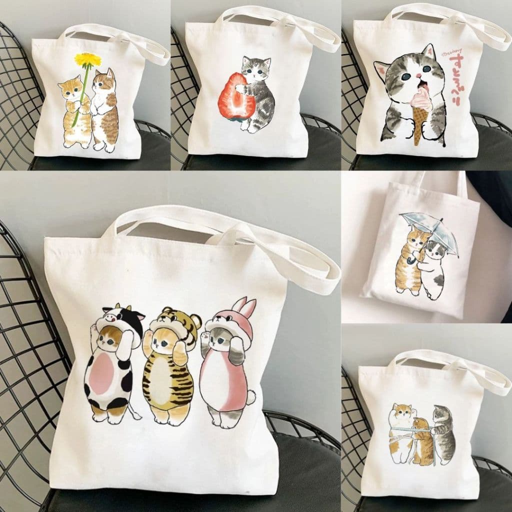 Mofusand Cat Canvas Bolsa de Ombro Portátil Alça de Ombro Dupla Bolsa de Gatinho Fofa Tecido Kucing