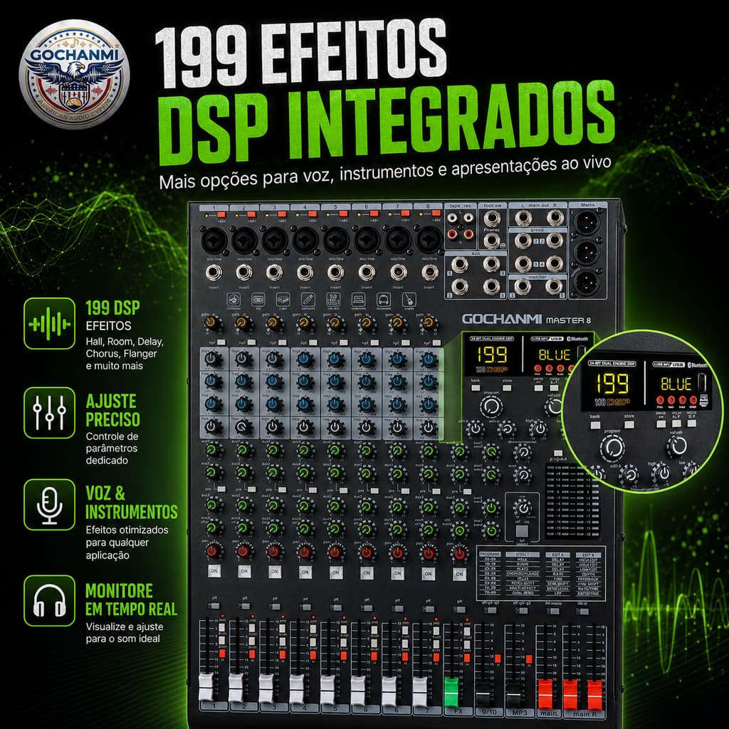 Mixer de Áudio Profissional Master 8, 8 Canais, Phantom Power +48V Individual, 199 Efeitos e USB