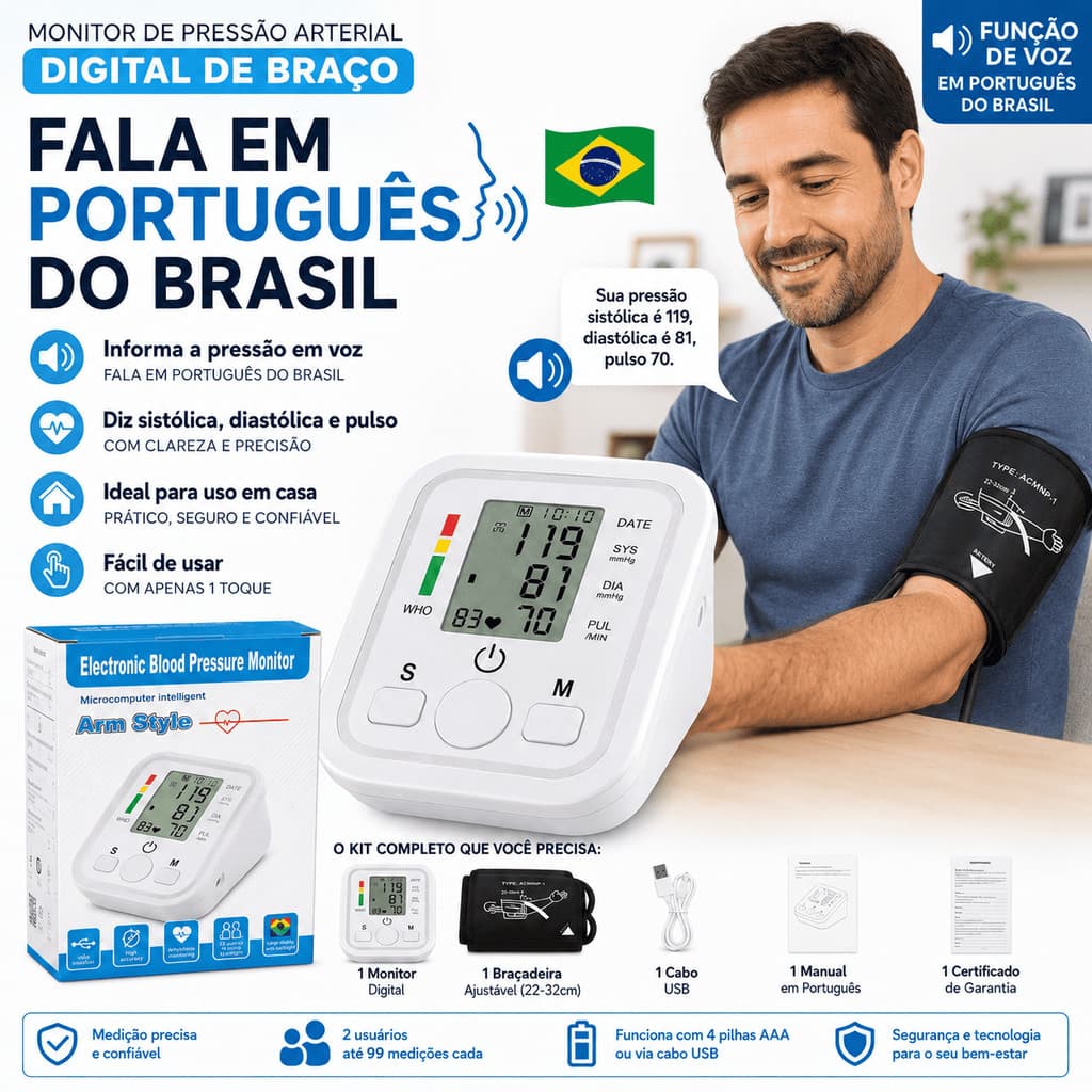 Medidor Pressão Arterial Digital Braço Função Voz Português