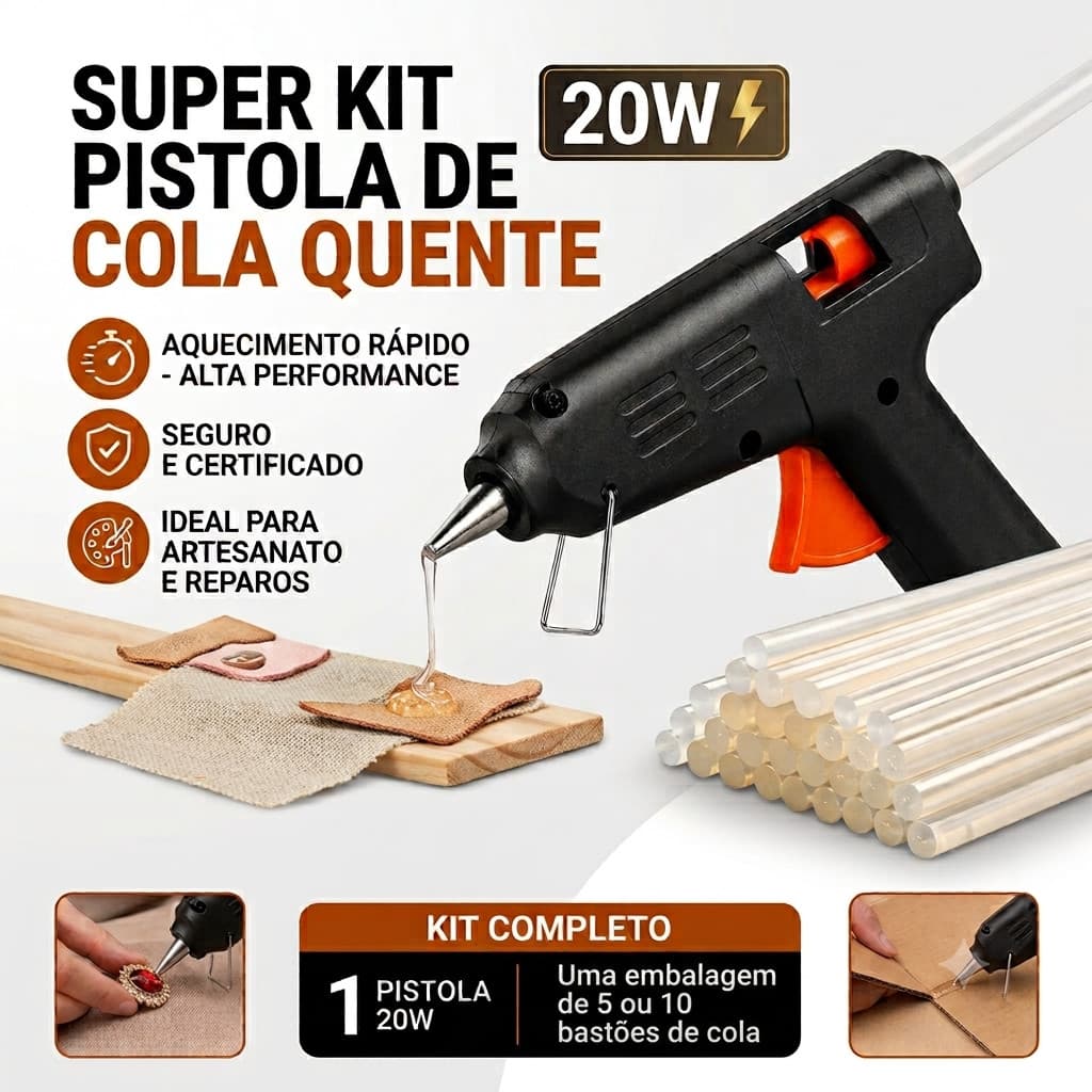 Pistola Profissional Bivolt Cola Quente Pequena 20W+Bastões de Cola Branca