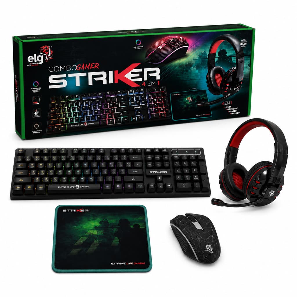 Kit Gamer ELG Striker 4 Em 1 Teclado Gamer ABNT2 Mouse Gamer 2400 DPI Headset Gamer Mousepad Speed USB PC Notebook
