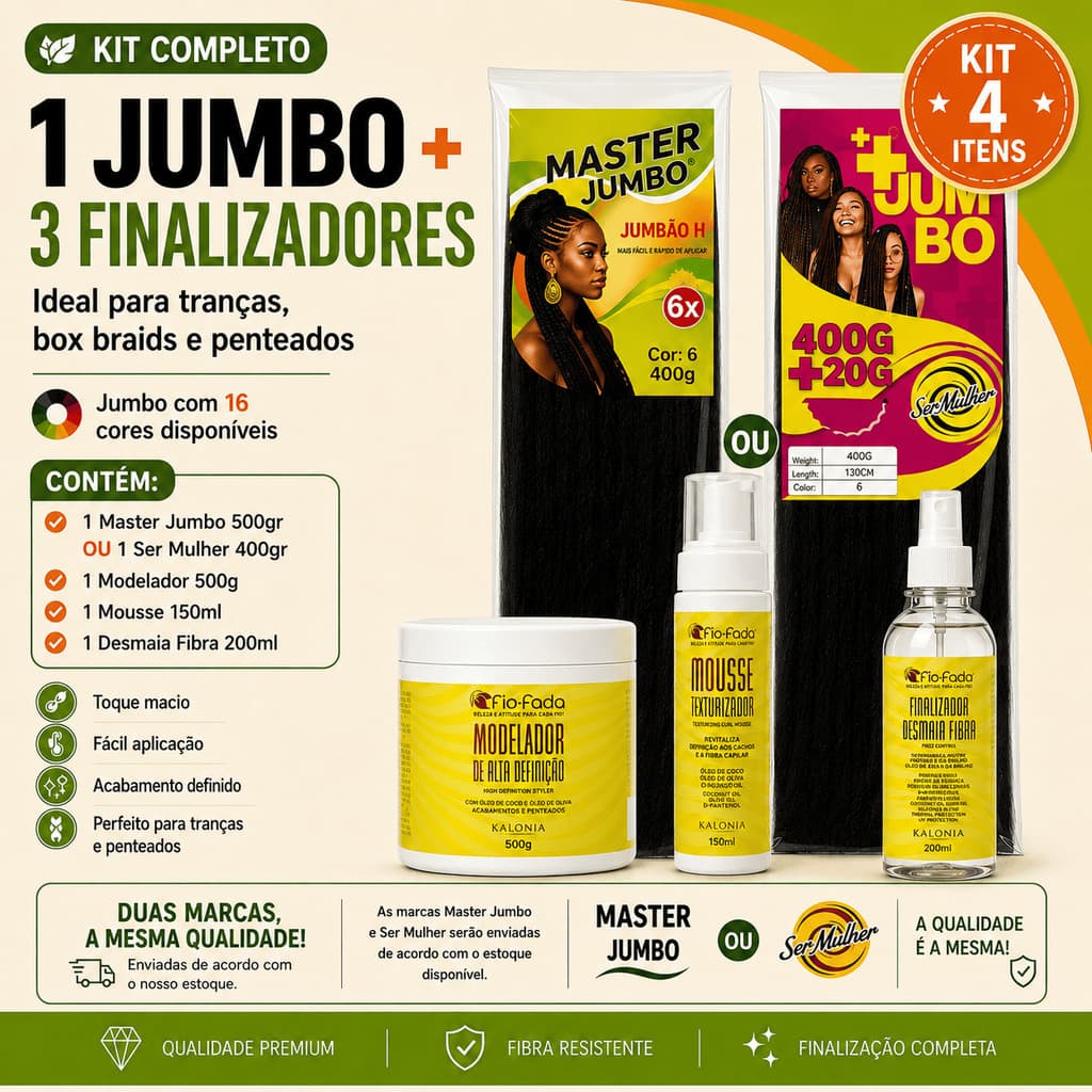 Kit Cabelo Jumbo 400g Para Tranças + Mousse + Desmaia Fibra + Pomada 500g