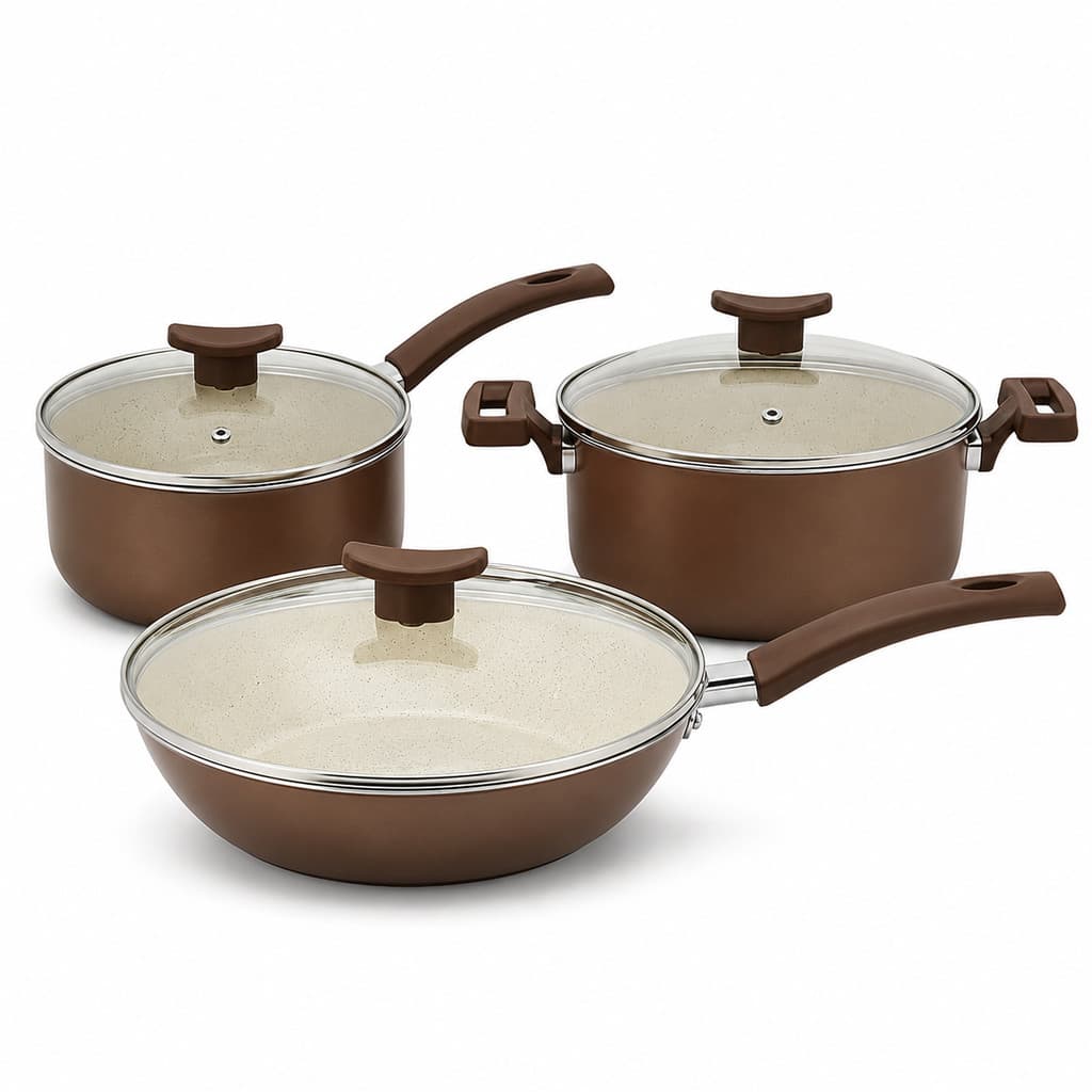 Jogo de Panelas Antiaderente Teflon Conjunto Kit 3 Peças Tampas de Vidro Panela Caçarola Wok
