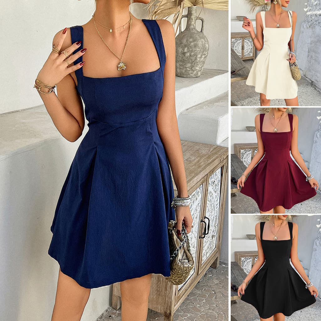 2026 primavera verão novo estilo vestido de cor sólida europeu americano estilo elegante comércio exterior estilingue sa