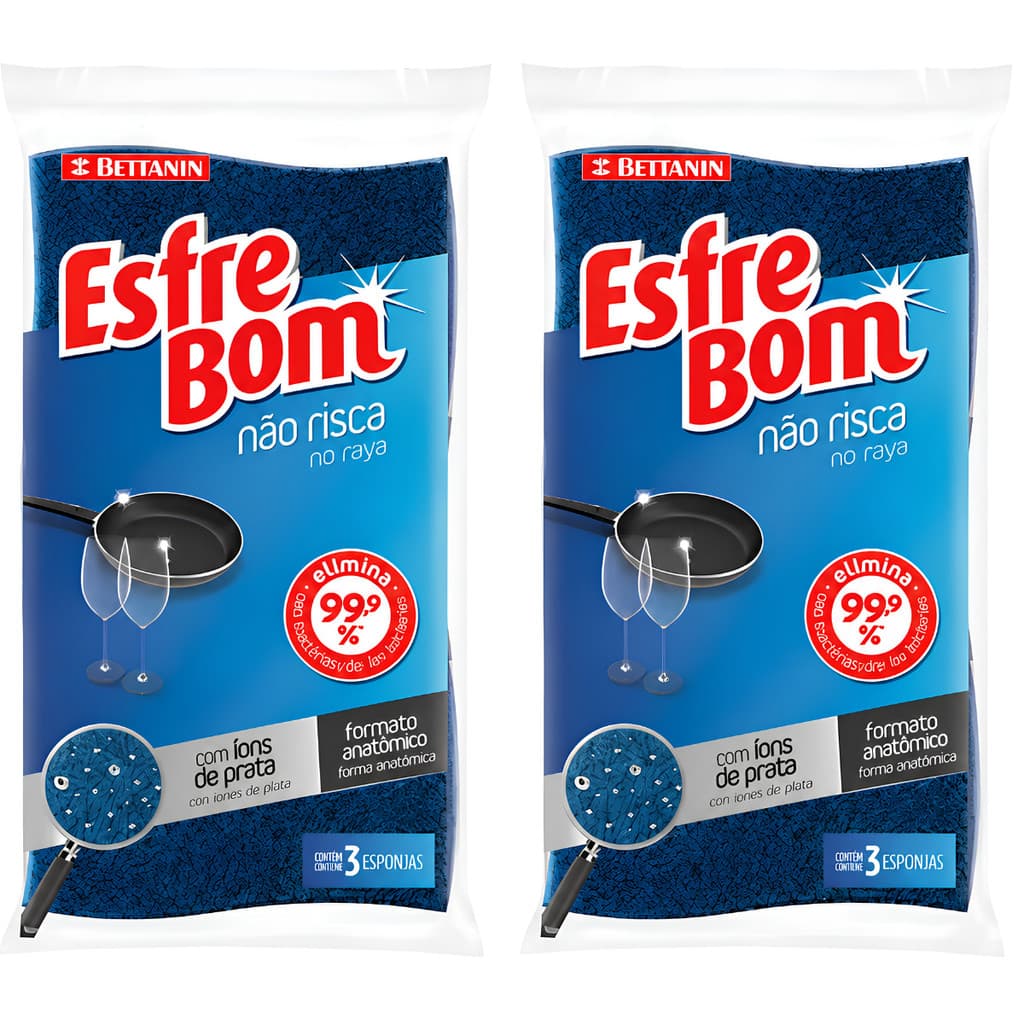 Kit 6 Esponjas Não Risca Azul Bettanin EsfreBom Íons de Prata Formato Anatômico Limpeza Cozinha