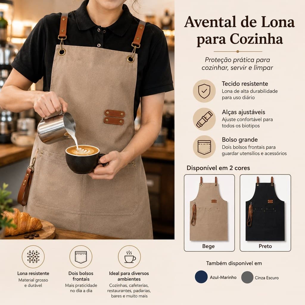 Avental de Lona Cozinha Lavanderia com Bolso Frontal Alça Gancho Ajustável Várias Cores