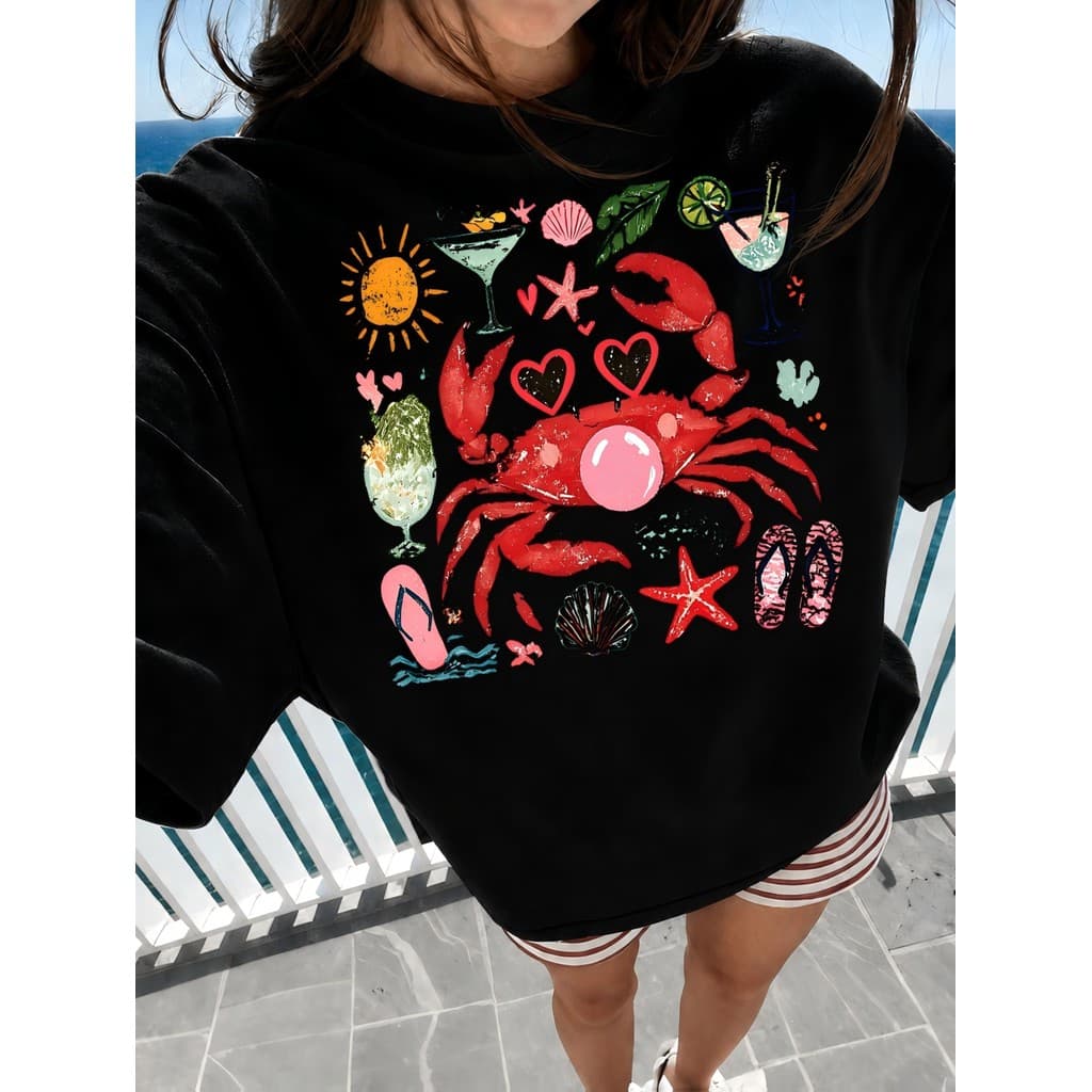 Camiseta Plus Size Feminina Estampa Caranguejo Roupa de Verão Férias Praia T-shirt Manga Curta Gola Redonda 100% Algodão
