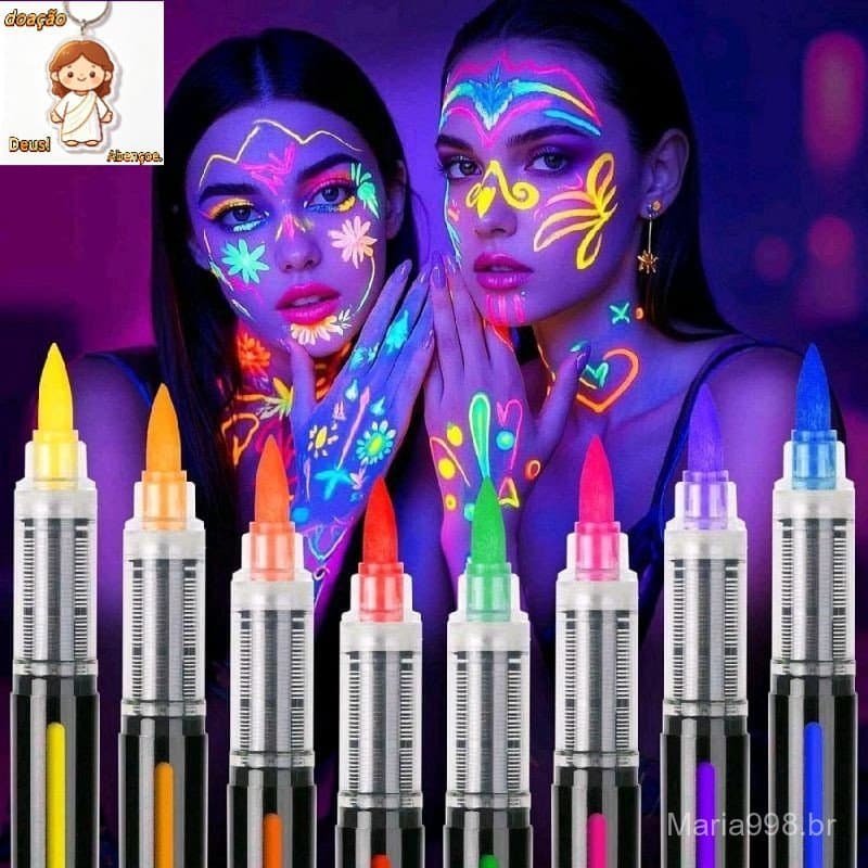 Kit 8 Canetas Neon UV para Pintura Facial e Corporal Brilha no Escuro Com Luz Negra para Festas DJ, Raves e Baladas