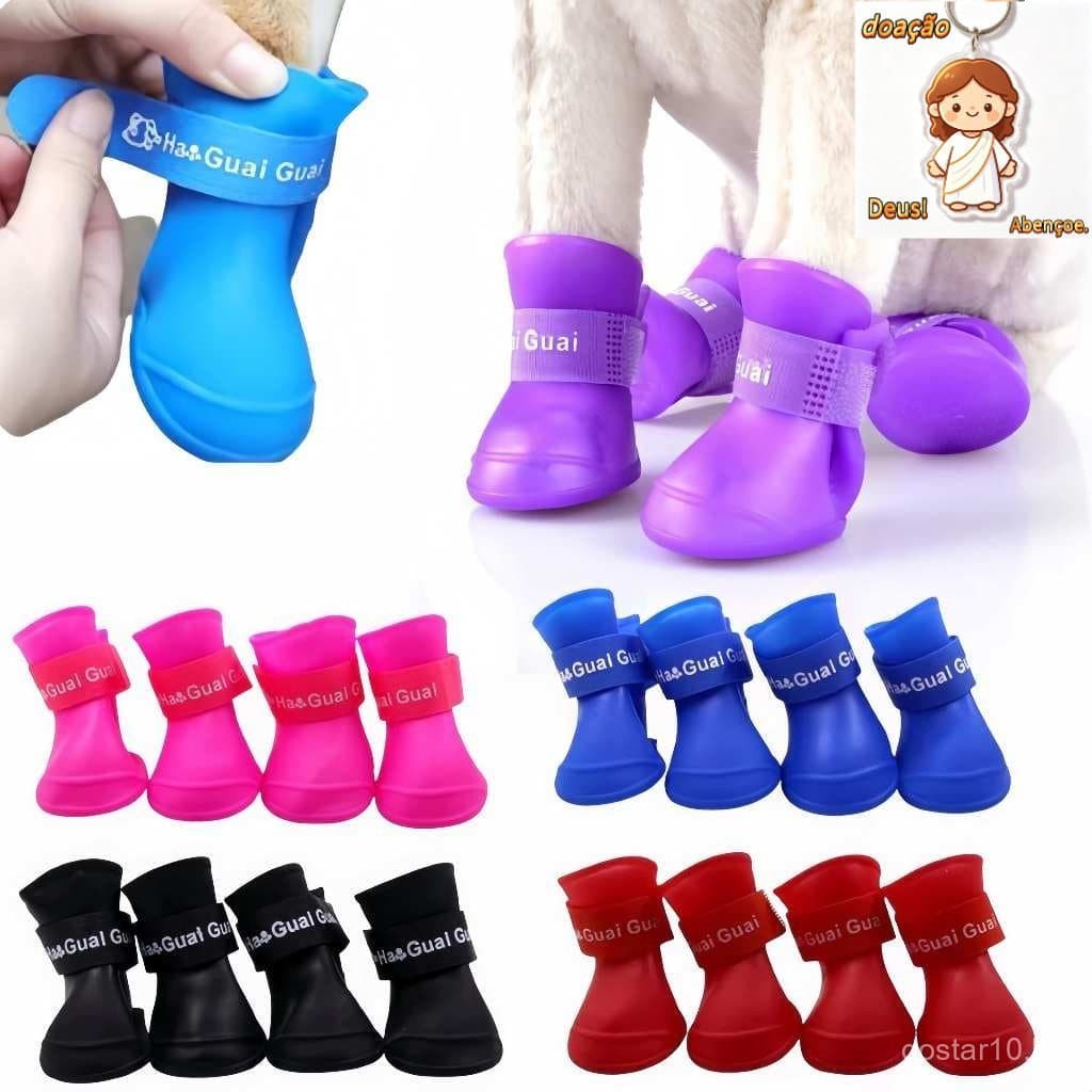 Kit 4 Sapato para Cachorro Gato Pet Bota de Borracha Impermeável Antiderrapante Botinha a Prova D'água Protetor