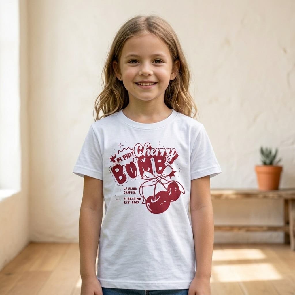 Camiseta Infantil Cherry Bomb Menina Manga Curta Algodão Estampa Cereja Casual Confortável Fashion Premium