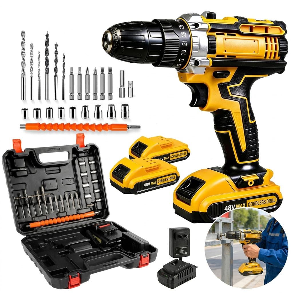48v Cordless Impact Screwdriver Drill with Two Rechargeable Batteries 1200 mah