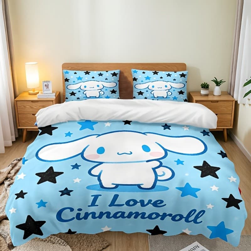 Conjunto de três peças Sanrio Cinnamon Dog Starry Sky Blue Bedding, tema azul preto estrelado Night, incluindo 1 capa de